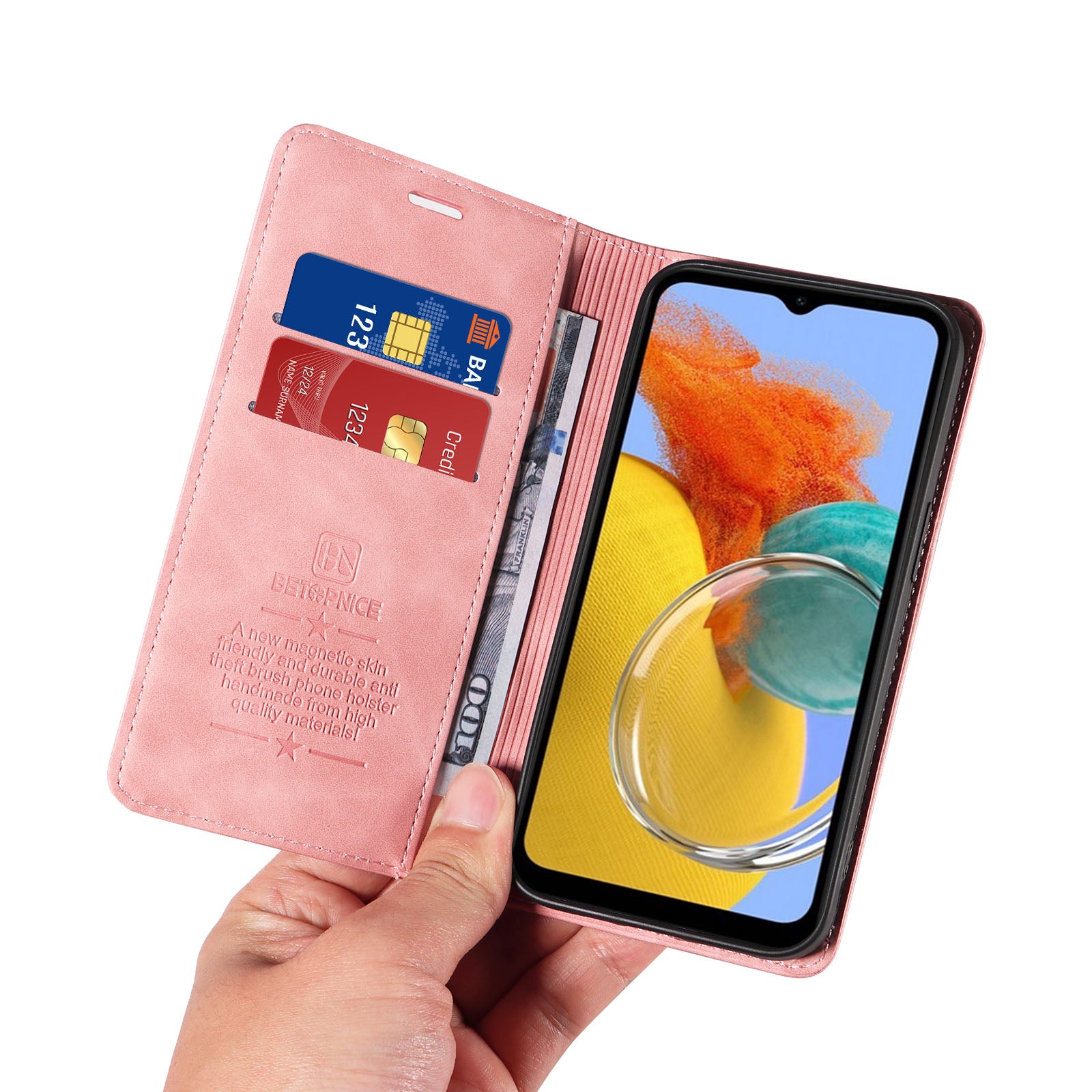 Uniqkart 003 RFID Blocking Phone Cover For Samsung Galaxy F14 5G / M14 5G , PU Leather Stand Wallet Mobile Phone Case - Pink Uniqkart 003 RFID Blocking Phone Cover For Samsung Galaxy F14 5G / M14 5G , PU Leather Stand Wallet Mobile Phone Case - Pink